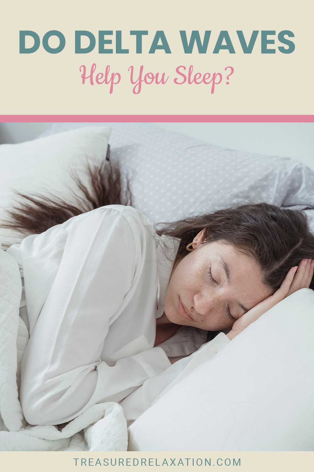 Woman in white dress sleeping on a white pillow - Do Delta Waves Help You Sleep?